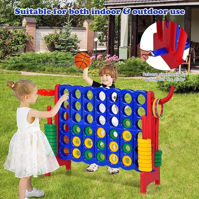 Costzon Giant 4-in-A-Row, Jumbo 4-to-Score Giant Game w/Basketball Hoop, Ring Toss, Quick-Release Slider, 42 Jumbo Rings, Indoor Outdoor Family Connect Game for Kids & Adults, Backyard Games, Red