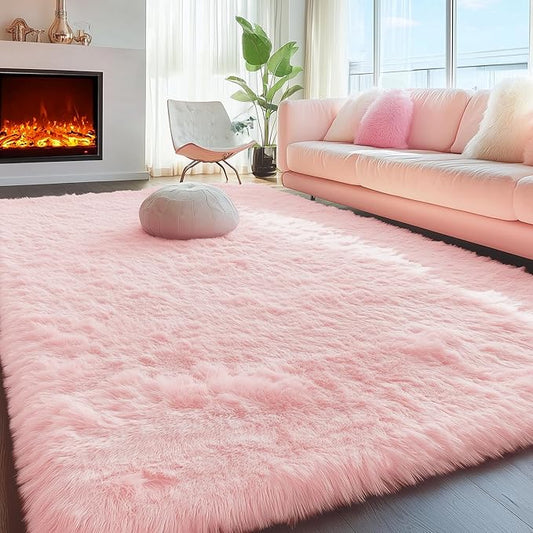 PAGISOFE Pink Fluffy Plush Area Rug 5x8, Kids Shag Rugs for Bedroom Girls, Living Room, Pastel Carpet Nursery Floor Girls Dorm Rug, Plush Soft Kids Rug for Room Decor Aesthetic Kawaii Pink Rugs