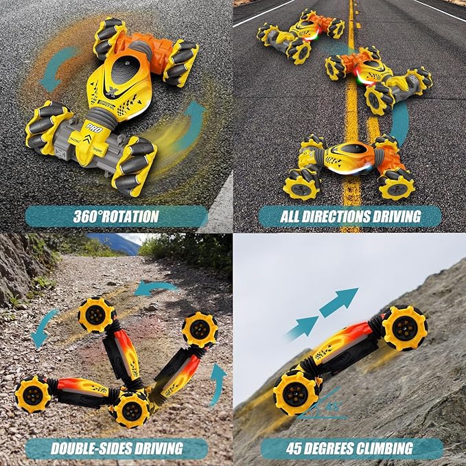 RC Stunt Car, 2.4Ghz Remote Control Sensor 4WD Offroad Car, High Speed Drift 360° Rotating Twist Toy Car with Music Lights, Ages 6-13 Boys Girls Birthday