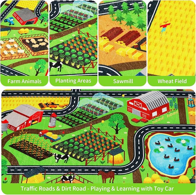 Kids Rug Play Mat for Toy Cars, 59"×78.7" Farm Life Road Traffic for Playroom Kids Car Road Rug Village Map Mat Farm Animals Washable Play Carpet for Toddlers Boys Room Family Tummy Time Playtime