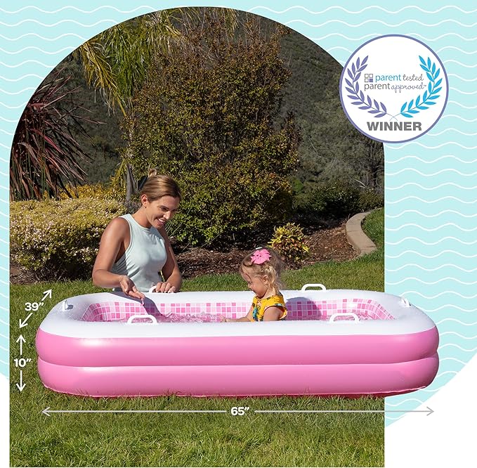2-in-1 Inflatable Kiddie Pool, 65"x39"x10" (5'5") Soft Cushioned Floor, Handles, Drain, Shallow Rectangular Blowup Swimming Pool for Kids Age 2+ Toddler Ball Pit, Small Adult Backyard Tanning Pool