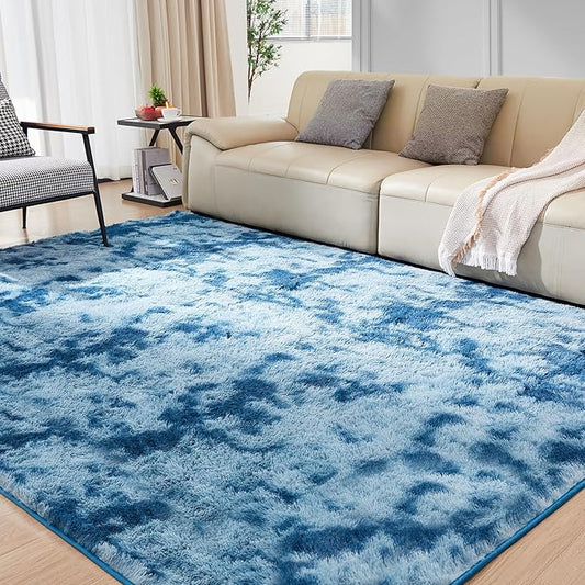 Ultra Soft Rug for Living Room, 4X5.8 Fluffy Shag Area Rug for Bedroom, Modern Shaggy Carpets Fuzzy Rug for Teens Dorm Nursery Home Decor Aesthetic, Upgrade Anti-Skid Durable, Tie-Dyed Blue Grey