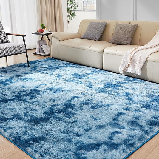Ultra Soft Rug for Living Room, 3X5 Fluffy Shag Area Rug for Bedroom, Modern Shaggy Carpets Fuzzy Rug for Teens Dorm Nursery Home Decor Aesthetic, Upgrade Anti-Skid Durable, Tie-Dyed Blue Grey
