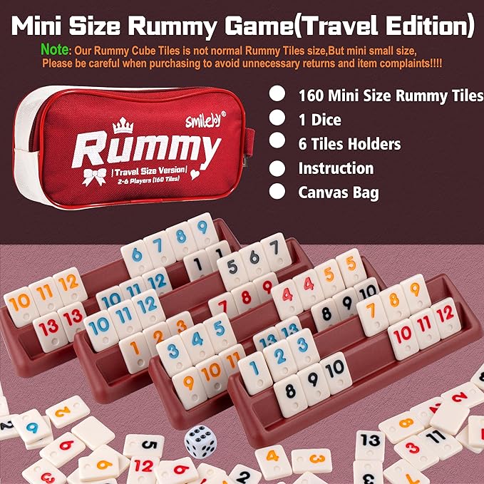 Mini Rummy Cube Six Player Edition, Travel Rummy Game Set with Portable Canvas Bag,Classic Board Game for Adults and Kids |160 Tiles|6 Playing Racks|1 Dice (2-6 Player)