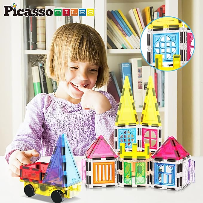 PicassoTiles Magnetic Tiles 101pc Magnet Tile Building Blocks Construction Sensory Toy Set with Storage Carry Case Drawstring Bag STEM Kids Learning Educational Pretend Play Boy Girl Ages 3+ & Up PT06