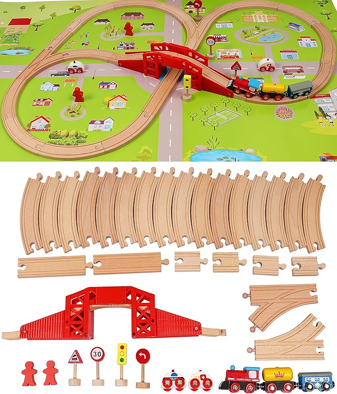 Wooden Train Set with Town Map-Shinington Railway Track Construction Building Toys for 3 Years Old Kids Boys Girls-Vehicles Transport Wooden Toys Gift for Toddlers 3 4 5 Years Old