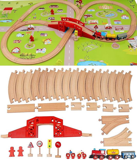 Wooden Train Set with Town Map-Shinington Railway Track Construction Building Toys for 3 Years Old Kids Boys Girls-Vehicles Transport Wooden Toys Gift for Toddlers 3 4 5 Years Old