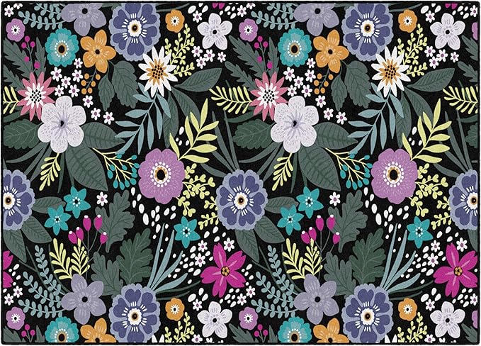 Flagship Carpets Schoolgirl Style Wildflower Educational Area Rug for Kids Room Seating Décor, Children's Classroom, Play Carpet for Teaching and Playroom, 5' x 7'6", Black & Multi