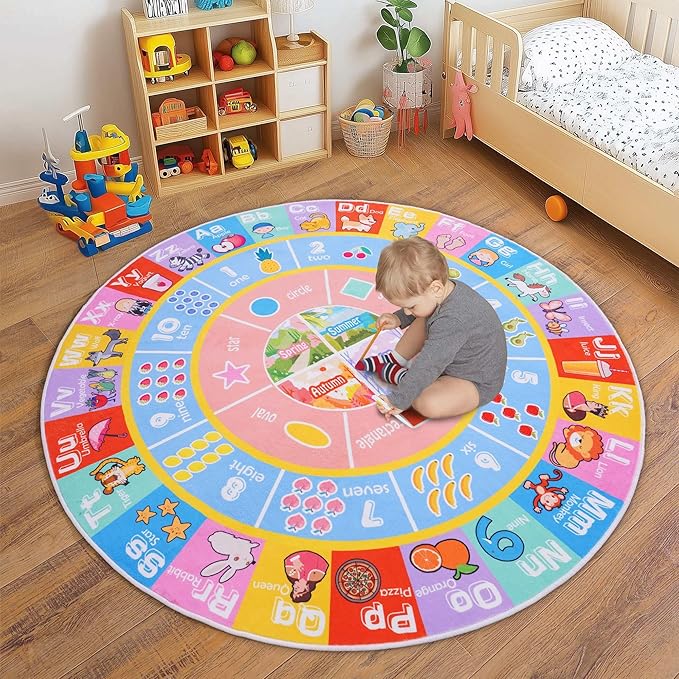 Kids Rugs for Playroom - Soft & Non-Slip 4x4 Feet Round Educational Rug for Learning ABC Alphabet, Numbers, Shapes & Map, Washable Classroom Rug for Toddler Nursery & Kids Room Decor