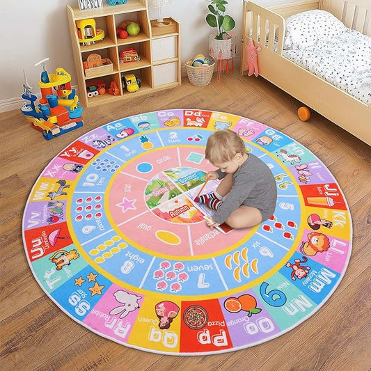 Kids Rugs for Playroom - Soft & Non-Slip 4x4 Feet Round Educational Rug for Learning ABC Alphabet, Numbers, Shapes & Map, Washable Classroom Rug for Toddler Nursery & Kids Room Decor