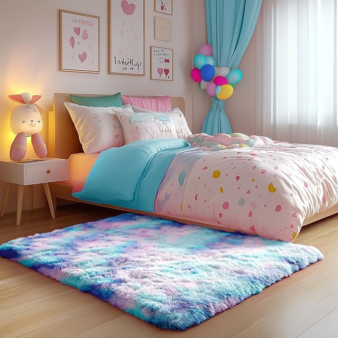 PAGISOFE Furry Rainbow Rugs for Bedroom Girls, 2x3 Soft Purple Shag Tent Rugs for Livingroom, Kids Room, Nursery, Home Decor, Fluffy Fuzzy Carpet, Plush Mermaid Kawaii Throw Rug, Accent Rug
