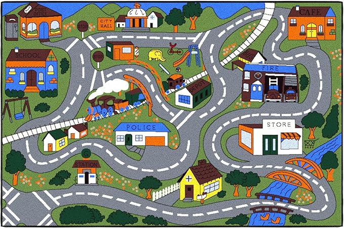 Ottomanson 3'3" x 5' Kids Road Map Rug - Interactive City Traffic Play Mat for Toy Cars - Perfect for Playroom, Bedroom, Daycare & Classroom - Durable & Non-Slip for High-Traffic Areas, Multicolor