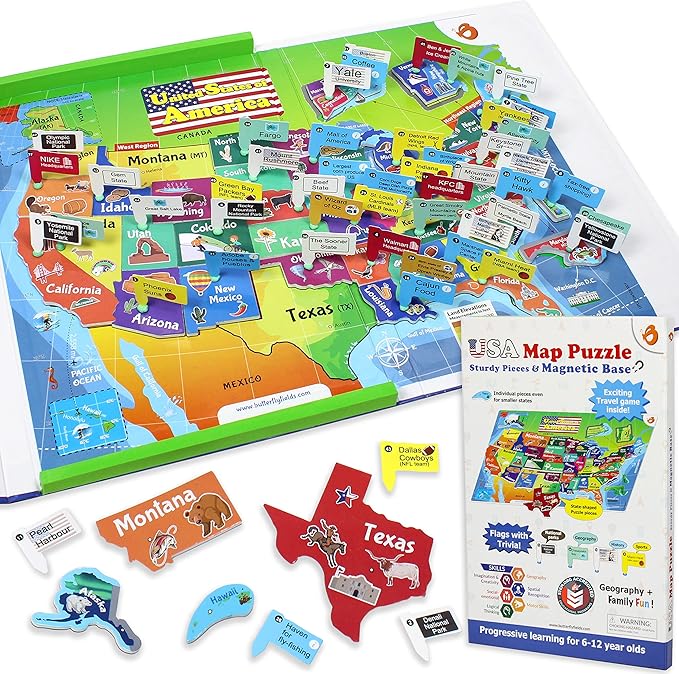 Butterfly Edufields United States Puzzle Toys for Boys 6 8 10, Magnetic Puzzle Book Gifts for 6 Year Old Boys, Puzzles for Kids Ages 6-8, Toys for Girls 6-8, Geography Games, Educational Kit for Kids