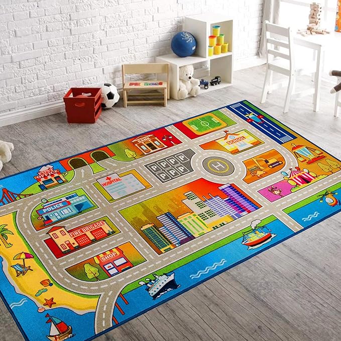 Booooom Jackson Kids Car Rug,Car Mat for Kids Toy Cars,Road Carpet Playmat Rug,Buildings Parking Helipad Printed on,Non-Slip Play Race Track Carpet for Play Room Bedroom