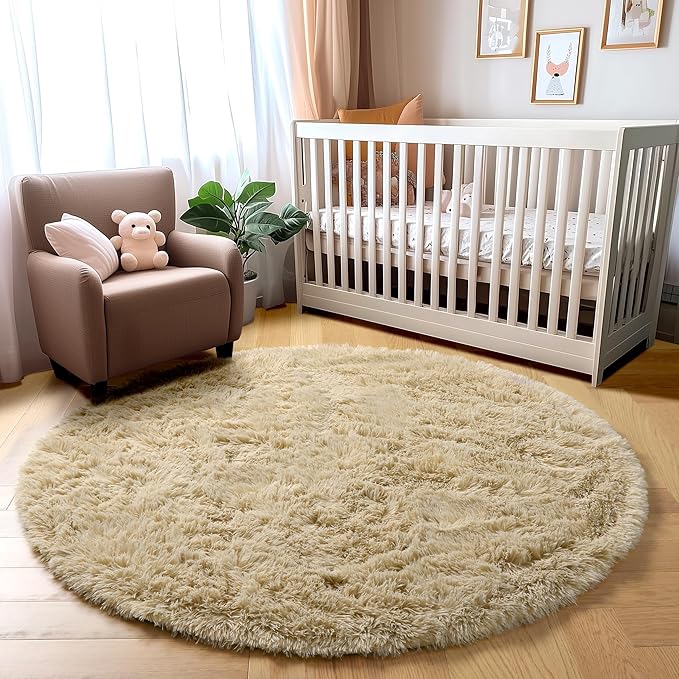 Amdrebio Beige Round Area Rugs 5Ft for Bedroom, Fluffy Plush Shag Furry Circle Rug for Kids Room, Living Room Decor Aesthetic, Fuzzy Circular Tan Neutral Carpet for Teens Baby Nursery Playroom Dorm