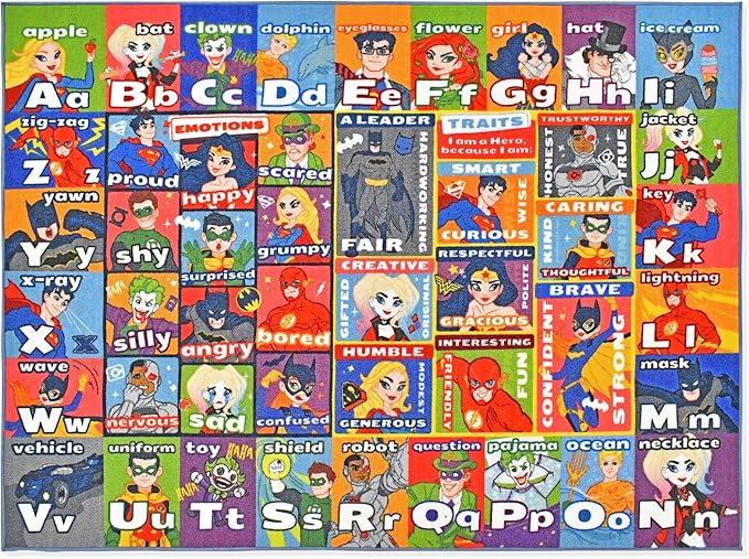 KC Cubs | DC Super Hero ABC Alphabet Traits & Emotions Educational Learning & Game Area Rug Carpet for Kids and Children Bedrooms and Playroom