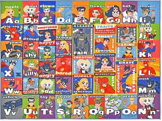 KC Cubs | DC Super Hero ABC Alphabet Traits & Emotions Educational Learning & Game Area Rug Carpet for Kids and Children Bedrooms and Playroom