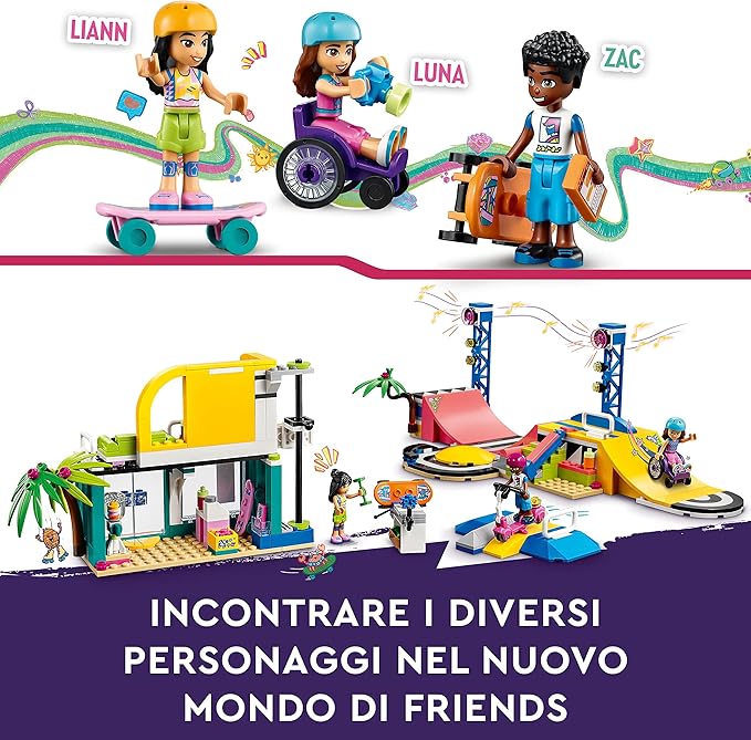 LEGO Friends Skate Park Set 41751, Skateboard Toys for Girls and Boys Ages 6 Plus, Mini-Doll Playset with Toy Scooter and Wheelchair, Birthday Gift Idea for Creative Play