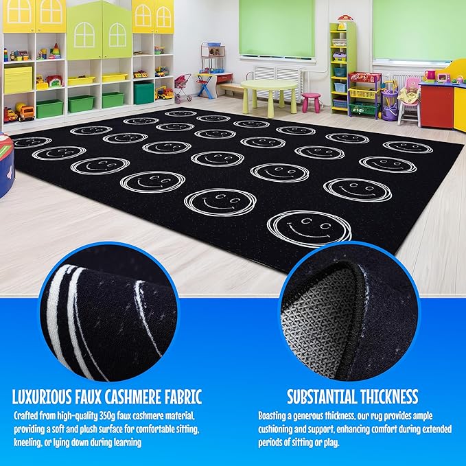 Hudson Comfort Classroom Rug 9x12 - Rugs for Elementary, Daycare, Nursery, and Playroom - Super Soft Non-Slip Carpet - Kids Fun Floor Mat for Playtime (Smiley Face)