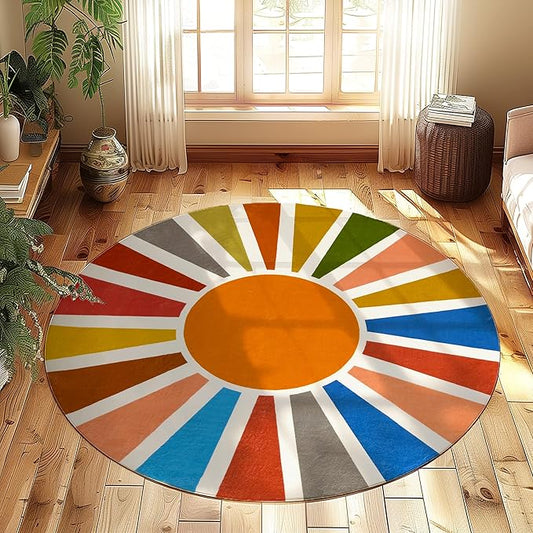 Washable 4Ft Round Sun Area Rug for Living Room, Rainbow Sun Modern Abstract Boho Circle Rug, Ultra Thin Low Pile Lightweight Indoor Carpet Mat with Non-Slip Backing for Bedroom Kids Nursery Play Room