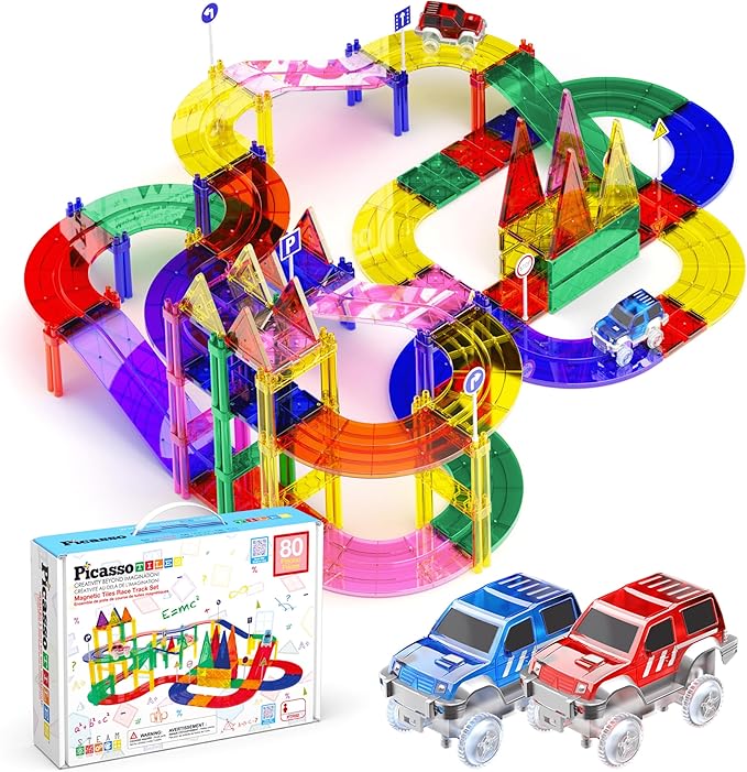 PicassoTiles 80 Piece Race Car Track Building Block Educational Toy Set Magnetic Tiles Magnet DIY Playset 2 Light Up Car STEM Learning Construction Kit Hand-Eye Coordination Fine Motor Skill Training
