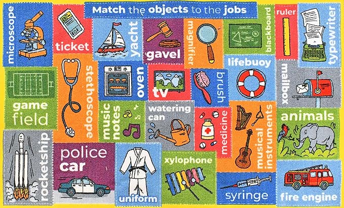 KC Cubs | Looney Tunes Kids Educational Rug ABC Alphabet, Jobs & Objects Matching Learning & Fun Game Area Non Slip Rug Carpet for Kids and Children Bedroom, Classroom and Playroom