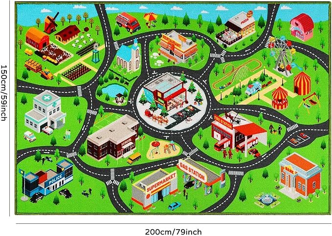Kids Car Rug Play Mat - Extra Non-Slip Traffic Road Carpet for Playroom, Boys Bedroom, Classroom - City Map Educational Mat (78.7X59 Inch)
