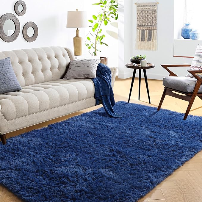 PAGISOFE Navy Blue Rug 5x8 Ft Fluffy Shag Rugs for Living Room Soft Shaggy Machine Washable Large Rugs for Kids Room Carpet Nursery Floor Boys Room Dorm Rug Kid Playroom Navy Area Rug Teen Home Decor