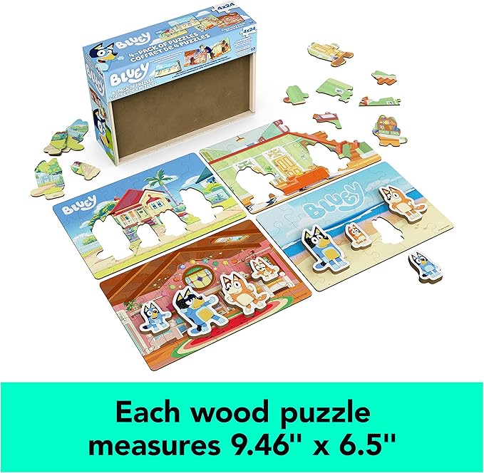 Spin Master Games, Bluey Puzzles 4-Pack, Wooden Jigsaw Puzzles for Preschoolers, 24 Pieces Each, Interchangeable Pieces, Bluey Birthday Gifts, for Kids Ages 3 & Up