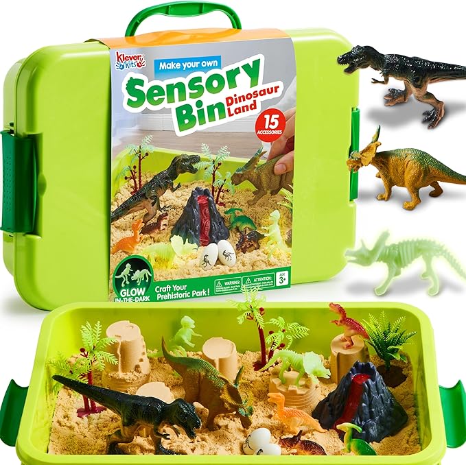 Klever Kits Dinosaurs Sensory Bin Toys for Toddlers with Glow in The Dark Dinosaurs, Sandbox with Lid Sand, Preschool Learning Activities Gifts for Boys Girls Age 3+