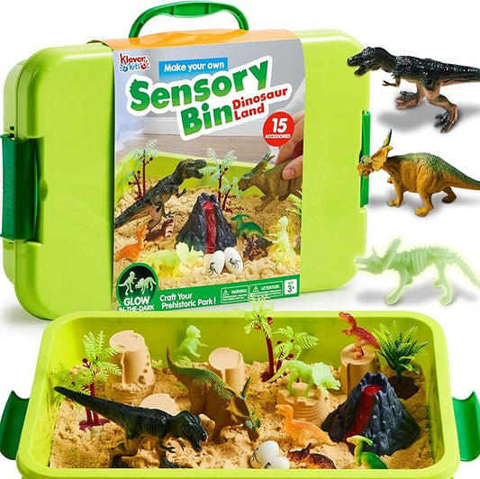 Klever Kits Dinosaurs Sensory Bin Toys for Toddlers with Glow in The Dark Dinosaurs, Sandbox with Lid Sand, Preschool Learning Activities Gifts for Boys Girls Age 3+