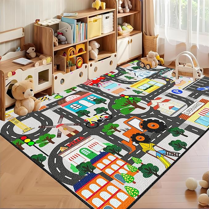 Kids Carpet for Bedroom - Car Rug for Kids 3x5 Feet, Educational Traffic Carpet Town City Road Map Rug, Kids Carpet for Playroom Bedroom Boys, Car Mats for Classroom Playroom