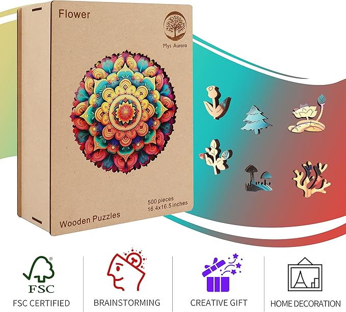 Unique Wooden Jigsaw Puzzles - Flower Mandala, 200 Pcs Medium Size 10.7'' x 10.6'', Luxurious Shaped Wood Puzzle, Beautiful Package, Best Gift for Adults and Kids, Family Game