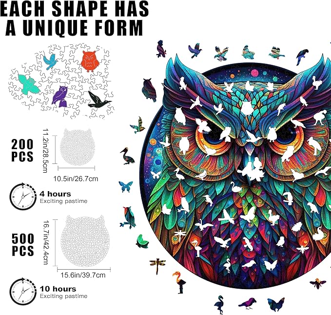 Unique Wooden Jigsaw Puzzles - Cute Owl, 200 Pcs Medium Size 11.2'' x 10.5'', Luxurious Animal Shaped Wood Puzzle, Beautiful Package, Best Gift for Adults