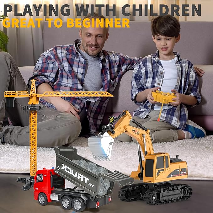Remote-Control-Excavator and Dump-Truck - Kids-Play- Construction-Engineering-Vehicles Toy Set with Crane Mixer,Realistic Lights and Sounds,Christmas Birthday Gifts for Boys Girls Ages 3-12+