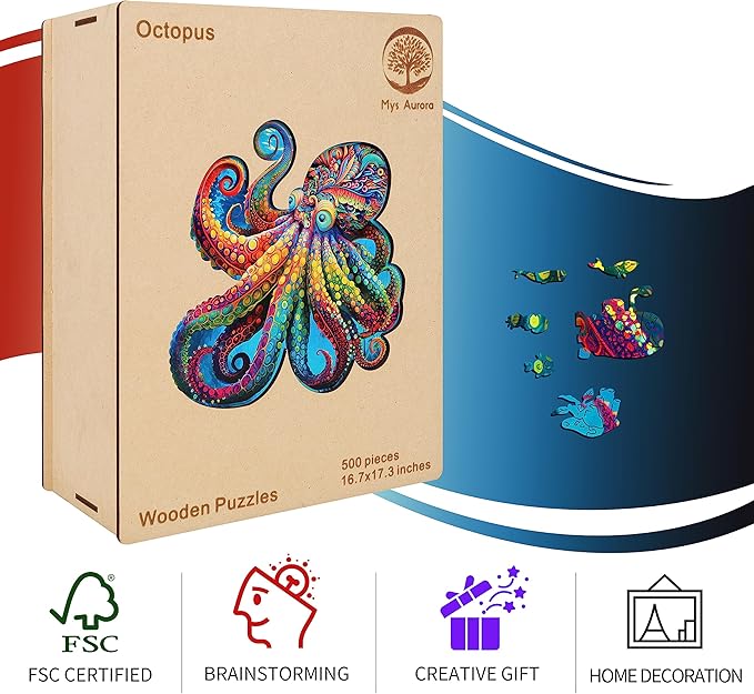 Unique Wooden Jigsaw Puzzles - Agate Octopus, 300 Pcs Medium Size 12.6'' x 12.2'', Luxurious Animal Shaped Wood Puzzle, Beautiful Package, Best Gift for Adults …