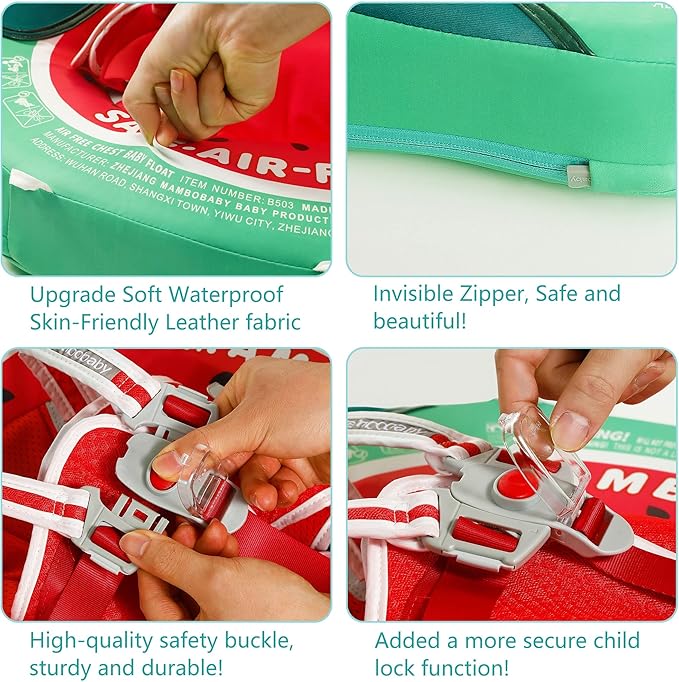 Mambobaby Float Add Tail Baby Swim Float with Canopy Solid Pool Infant Swim Trainer Swimming Training Lying Air Free Water Floats Non-Inflatable Waist Swim Ring for Toddlers (Watermelon)