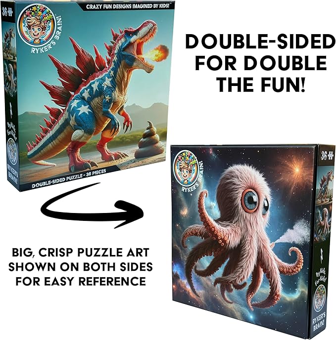 Kids Puzzle Double-Sided Jigsaw – Dinosaur & Space Octopus – 36-Piece Toddler, Preschool, & Elementary Puzzle (Ideal for Ages 3-8) | Fun Educational Toy & Gift