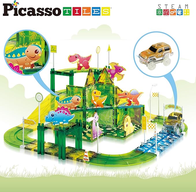 PicassoTiles Dinosaur Magnet Tile Race Car Track with 8 Magnetized Action Figures 2 Cars Accessory Street Sign Kit Magnetic Tiles Construction Building Block Pretend Play Education Toy Ages 3+ PTR02