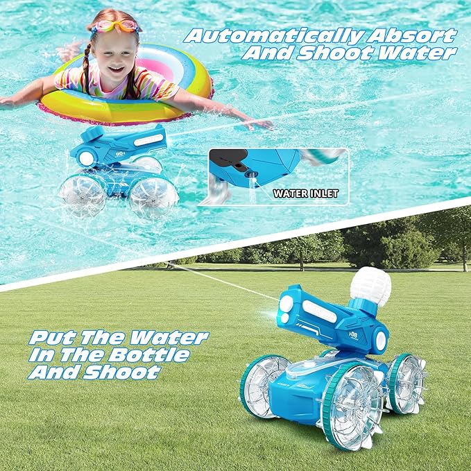 Tecnock Amphibious Remote Control Car Boat for Kids, 2.4GHz 4WD Water Squirt RC Stunt Car with LED Lights, 45-Minute Playtime, Pool Toy Gift for Boys and Girls Ages 6+