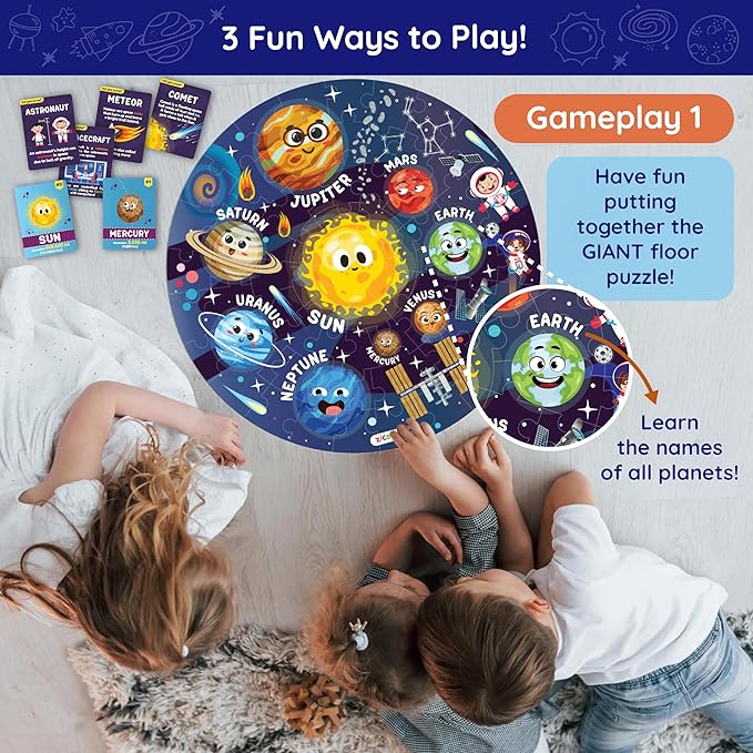 Jumbo 70 Piece Round Floor Puzzles for Kids Ages 3-5, 6-8, Large Jigsaw Puzzle with Solar System and Planets, Educational Flash Cards and 3D Figures Educational Gift