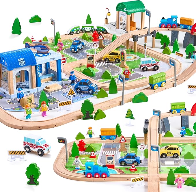 172Pcs Wooden Train Set for Toddlers, Wooden Train Track - Expandable and Changeable, Safe Educational Train Toys Gift for Boys & Girls Kids Ages 3-5 4-8, Compatible with All Major Brands