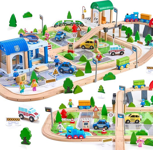 172Pcs Wooden Train Set for Toddlers, Wooden Train Track - Expandable and Changeable, Safe Educational Train Toys Gift for Boys & Girls Kids Ages 3-5 4-8, Compatible with All Major Brands