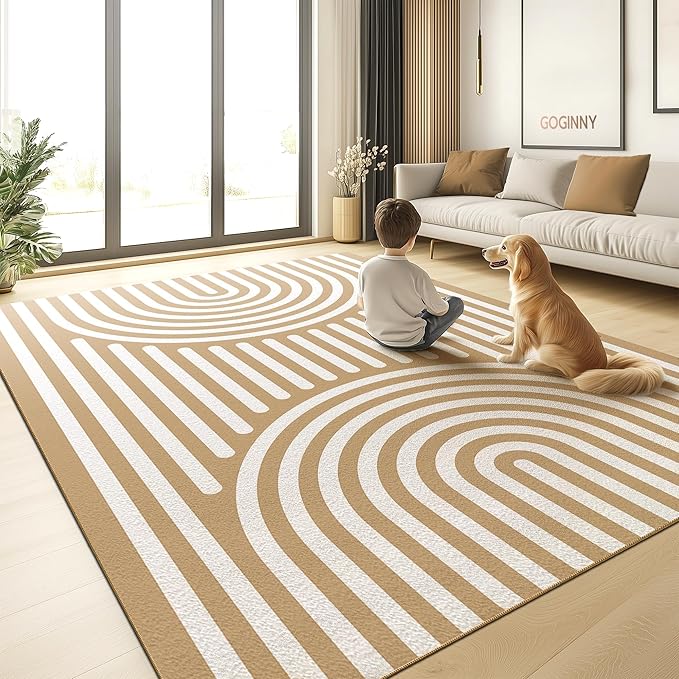 Washable 5x7 Abstract Area Rug for Living Room, Tan Brown Rainbow Modern Boho Throw Rugs, Ultra-Thin Low Pile Stain Resistant Nonslip Indoor Large Carpet for Office Dining Bedroom Playroom Classroom