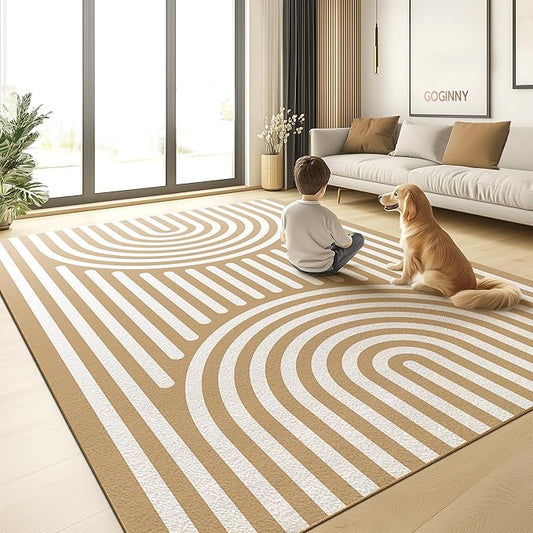 Washable 5x7 Abstract Area Rug for Living Room, Tan Brown Rainbow Modern Boho Throw Rugs, Ultra-Thin Low Pile Stain Resistant Nonslip Indoor Large Carpet for Office Dining Bedroom Playroom Classroom