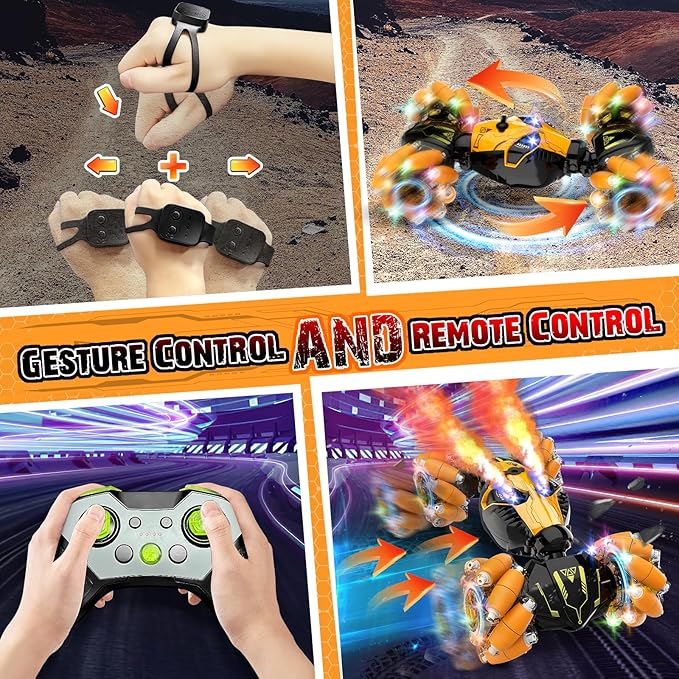 Remote Control Stunt Car Toys: Christmas Birthday Gifts for Boys Toys Ages 6-12 - 2.4Ghz Gesture Sensing Remote Control Cars with Light and Music Spray - 8WD Drift 360° Rotating RC Car for 7-14