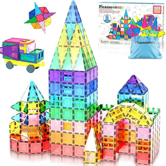 PicassoTiles 101pc Magnetic Tile Building Blocks with Car Base Drawstring Carry Toy Storage Bag Magnetized Block for Kids Magnet ToySet Educational STEM Learning Child Brain Development Ages 3+ PC101