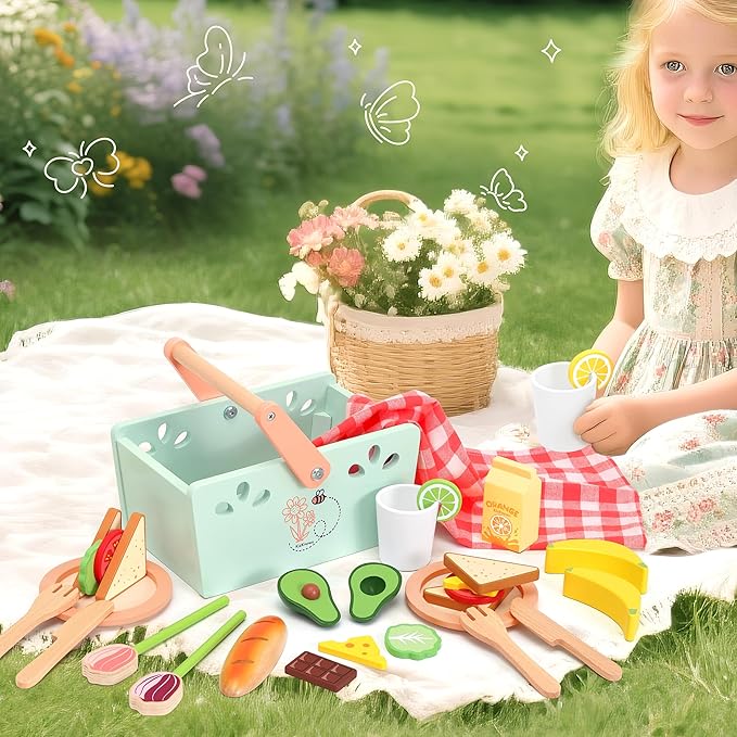 Wooden Toy Picnic Playset, 31 Pcs Wooden Play Food Sets for Kids Pretend Play Cutting Food Toys Toddlers Play Kitchen Accessories Gift for Girls Boys Age 3+
