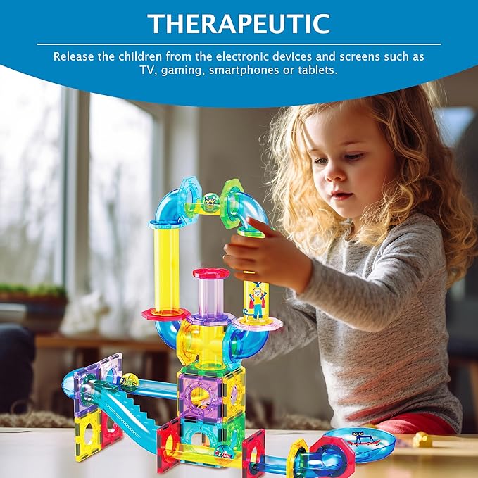 PicassoTiles 62 Piece Magnetic Marble Run Pete The Cat Marble Maze Marbles for Kids Race Track Toy Set Sensory Toys for Toddlers STEM Education Magnet Building Blocks Construction Tiles Boys Girls 3+