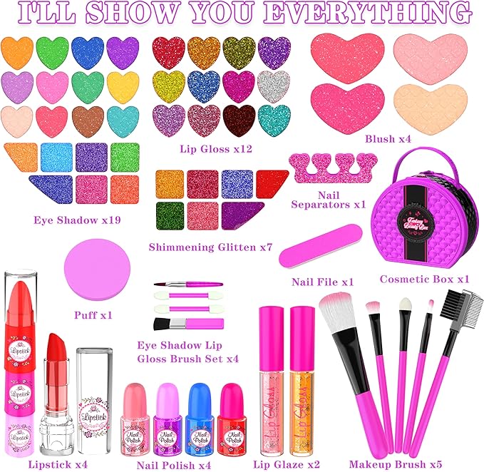 Kids Makeup Kit for Girl, 66 Pcs Washable Makeup Set for Little Girls, Real Cosmetic Set Pretend Play Makeup Toy Beauty Set Christmas & Birthday Gift Age 3 4 5 6 7 8 9+ Year Old Kids Toddler Toys